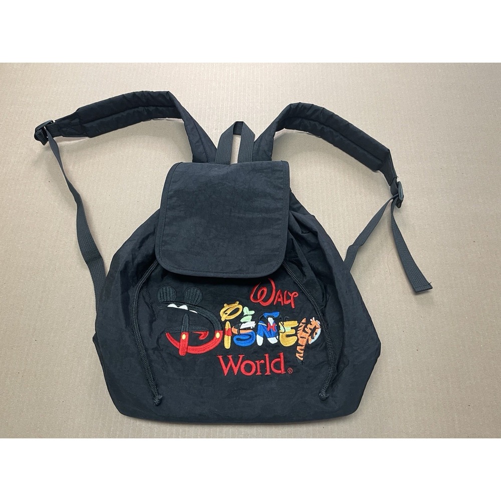 Vintage Walt Disney World Black Drawstring Backpack Embroidered "Disney" Letters